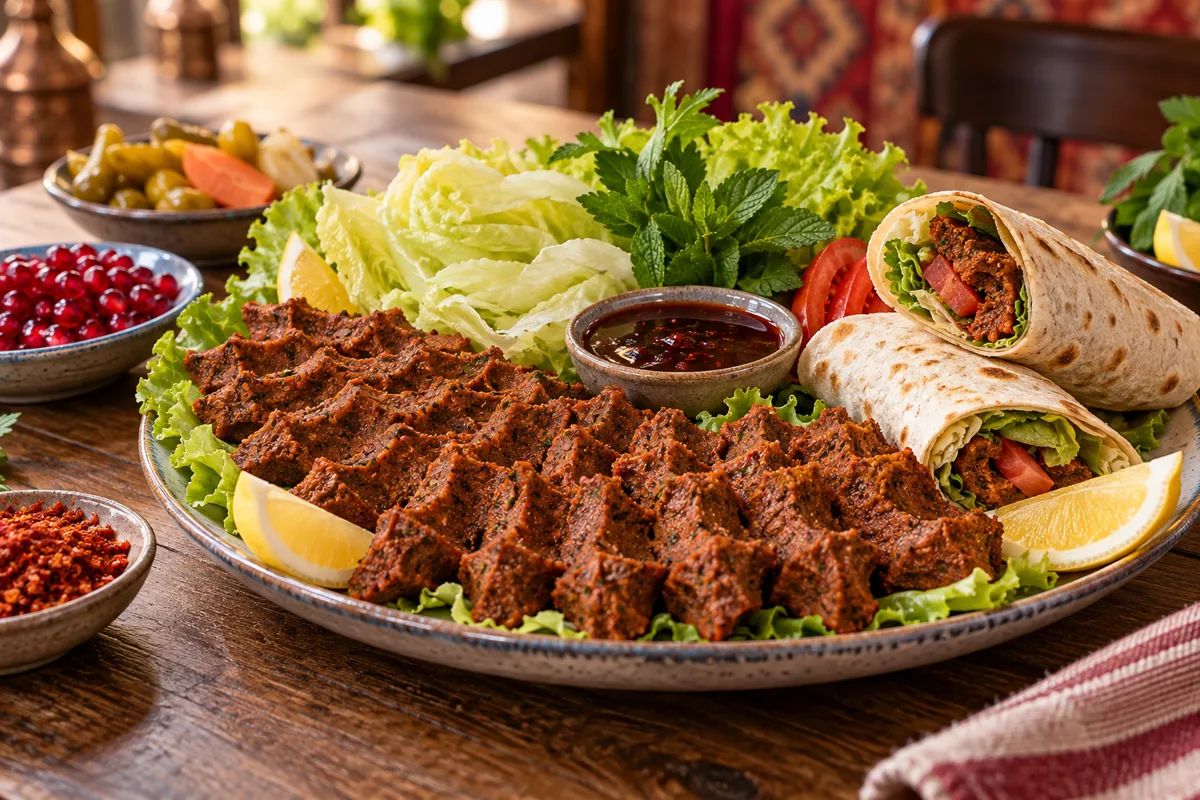 Marul, limon ve dürümle sunulan çiğköfte tabağı